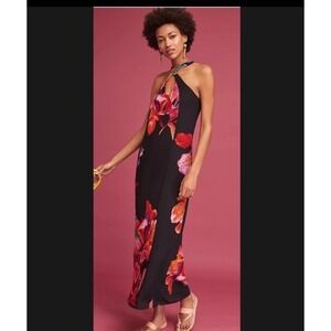 Maeve Anthropologie Cayman Silk Maxi Dress Black Floral  XS Spring Resort Beach